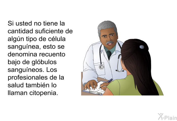 Si usted no tiene la cantidad suficiente de algn tipo de clula sangunea, esto se denomina recuento bajo de glbulos sanguneos. Los profesionales de la salud tambin lo llaman citopenia.