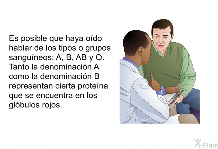 Es posible que haya odo hablar de los tipos o grupos sanguneos: A, B, AB y O. Tanto la denominacin A como la denominacin B representan cierta protena que se encuentra en los glbulos rojos.