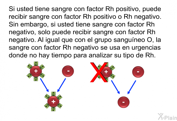 Si usted tiene sangre con factor Rh positivo, puede recibir sangre con factor Rh positivo o Rh negativo. Sin embargo, si usted tiene sangre con factor Rh negativo, solo puede recibir sangre con factor Rh negativo. Al igual que con el grupo sanguneo O, la sangre con factor Rh negativo se usa en urgencias donde no hay tiempo para analizar su tipo de Rh.