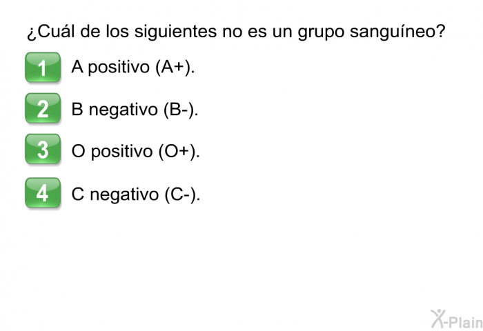 ¿Cul de los siguientes no es un grupo sanguneo?  A positivo (A+). B negativo (B-). O positivo (O+). C negativo (C-).