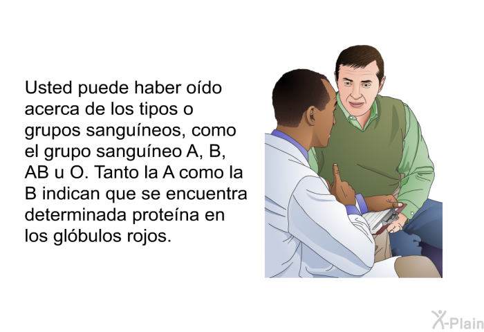 Usted puede haber odo acerca de los tipos o grupos sanguneos, como el grupo sanguneo A, B, AB u O. Tanto la A como la B indican que se encuentra determinada protena en los glbulos rojos.