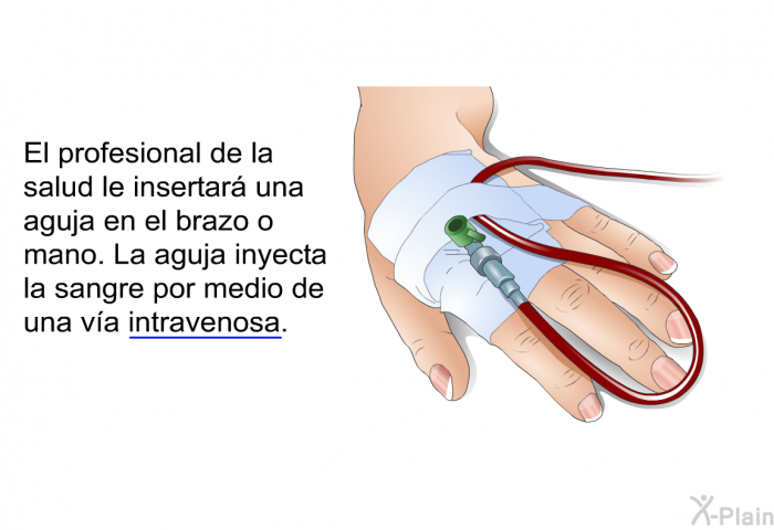 El profesional de la salud le insertar� una aguja en el brazo o mano. La aguja inyecta la sangre por medio de una v�a intravenosa.