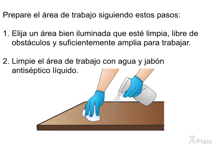 Prepare el rea de trabajo siguiendo estos pasos:  Elija un rea bien iluminada que est limpia, libre de obstculos y suficientemente amplia para trabajar. Limpie el rea de trabajo con agua y jabn antisptico lquido.