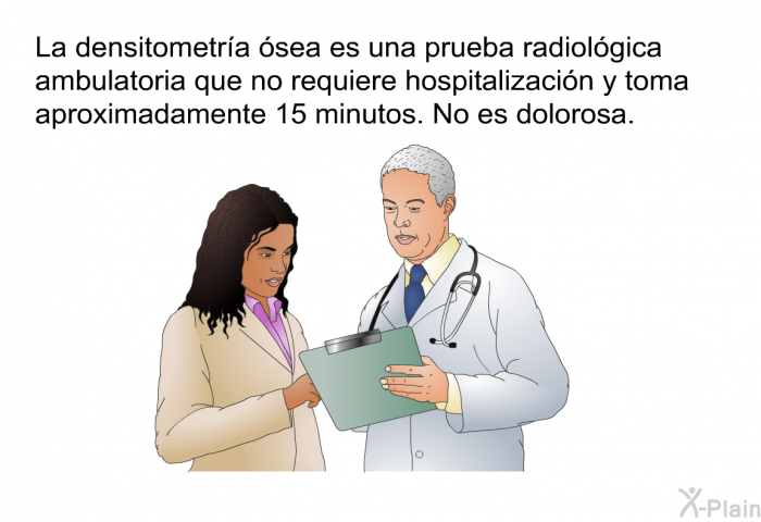 La densitometra sea es una prueba radiolgica ambulatoria que no requiere hospitalizacin y toma aproximadamente 15 minutos. No es dolorosa.