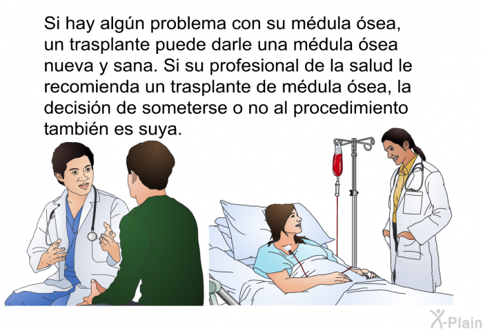 Si hay algn problema con su mdula sea, un trasplante puede darle una mdula sea nueva y sana. Si su profesional de la salud le recomienda un trasplante de mdula sea, la decisin de someterse o no al procedimiento tambin es suya.