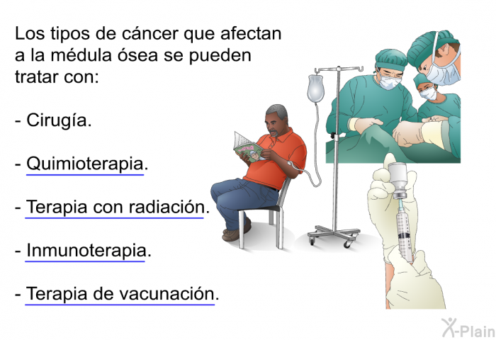 Los tipos de cncer que afectan a la mdula sea se pueden tratar con:  Ciruga. Quimioterapia. Terapia con radiacin. Inmunoterapia. Terapia de vacunacin.