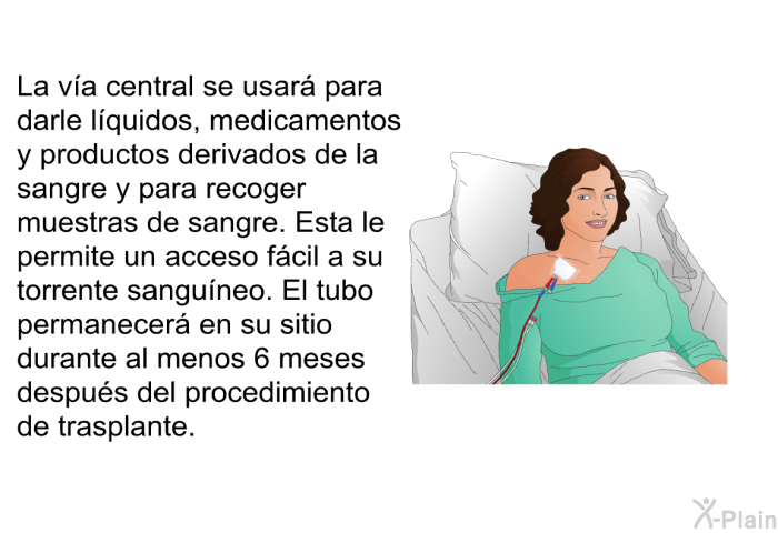 La va central se usar para darle lquidos, medicamentos y productos derivados de la sangre y para recoger muestras de sangre. Esta le permite un acceso fcil a su torrente sanguneo. El tubo permanecer en su sitio durante al menos 6 meses despus del procedimiento de trasplante.
