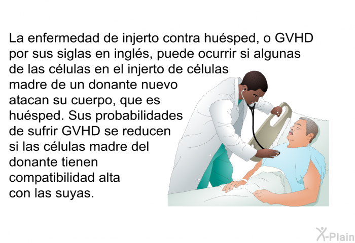 La enfermedad de injerto contra husped, o GVHD por sus siglas en ingls, puede ocurrir si algunas de las clulas en el injerto de clulas madre de un donante nuevo atacan su cuerpo, que es husped. Sus probabilidades de sufrir GVHD se reducen si las clulas madre del donante tienen compatibilidad alta con las suyas.