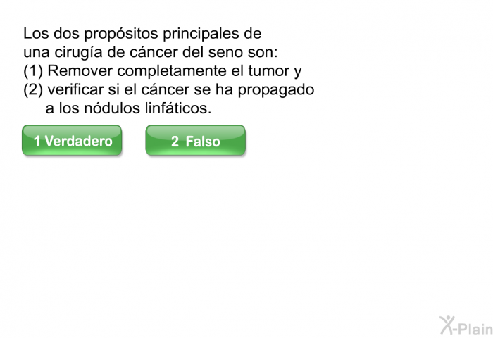 Los dos propsitos principales de una ciruga de cncer del seno son: (1) Remover completamente el tumor y (2) verificar si el cncer se ha propagado a los ndulos linfticos.