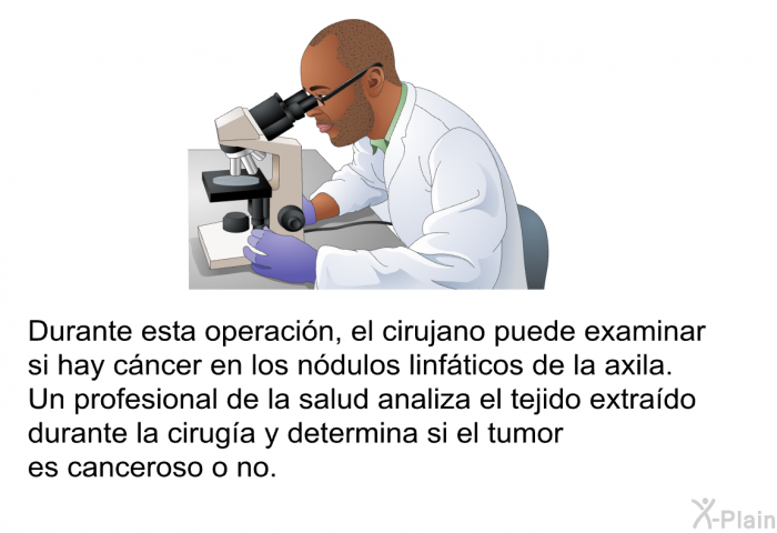Durante esta operacin, el cirujano puede examinar si hay cncer en los ndulos linfticos de la axila. Un profesional de la salud analiza el tejido extrado durante la ciruga y determina si el tumor es canceroso o no.
