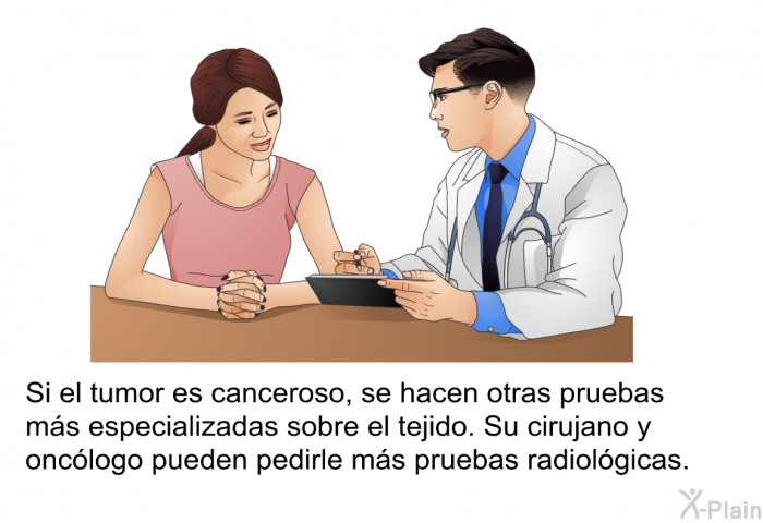 Si el tumor es canceroso, se hacen otras pruebas ms especializadas sobre el tejido. Su cirujano y onclogo pueden pedirle ms pruebas radiolgicas.
