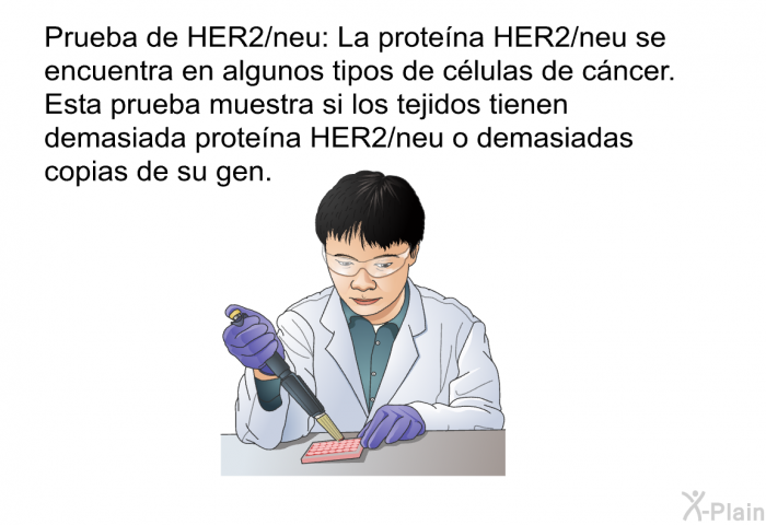 Prueba de HER2/neu: La protena HER2/neu se encuentra en algunos tipos de clulas de cncer. Esta prueba muestra si los tejidos tienen demasiada protena HER2/neu o demasiadas copias de su gen.