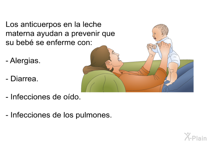 Los anticuerpos en la leche materna ayudan a prevenir que su beb se enferme con:  Alergias. Diarrea. Infecciones de odo. Infecciones de los pulmones.