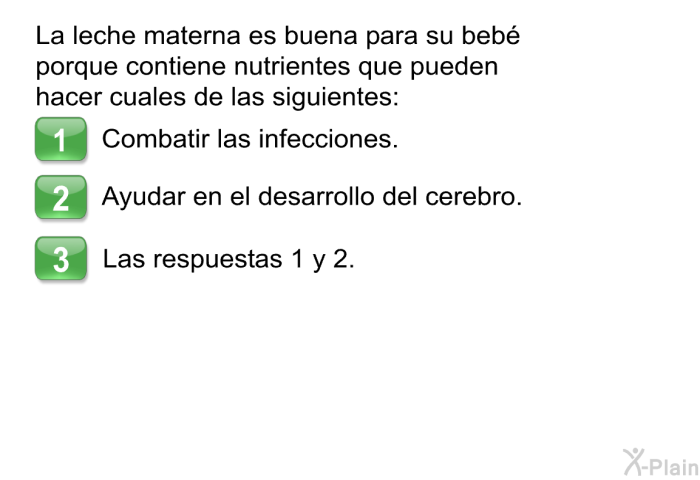 La leche materna es buena para su beb porque contiene nutrientes que pueden hacer cuales de las siguientes:  Combatir las infecciones. Aumentar las habilidades cognitivas. Las respuestas 1 y 2.