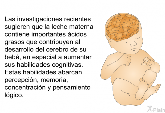Las investigaciones recientes sugieren que la leche materna contiene importantes cidos grasos que contribuyen al desarrollo del cerebro de su beb, en especial a aumentar sus habilidades cognitivas. Estas habilidades abarcan percepcin, memoria, concentracin y pensamiento lgico.