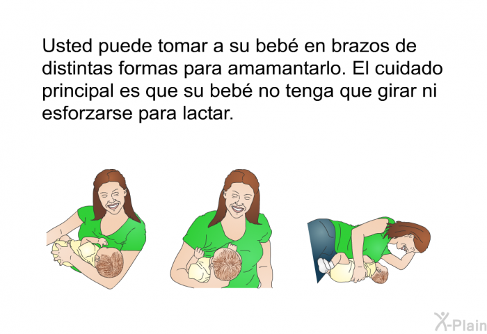 Usted puede tomar a su beb en brazos de distintas formas para amamantarlo. El cuidado principal es que su beb no tenga que girar ni esforzarse para lactar.