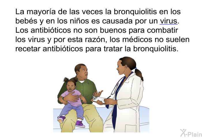 La mayora de las veces la bronquiolitis en los bebs y en los nios es causada por un virus. Los antibiticos no son buenos para combatir los virus y por esta razn, los mdicos no suelen recetar antibiticos para tratar la bronquiolitis.