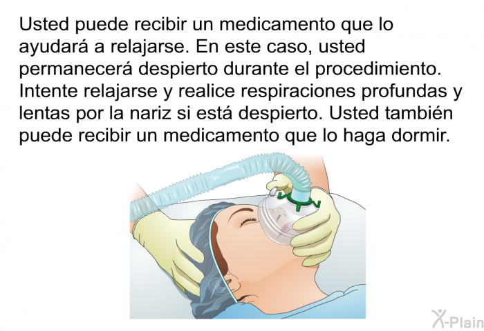 Usted puede recibir un medicamento que lo ayudar a relajarse. En este caso, usted permanecer despierto durante el procedimiento. Intente relajarse y realice respiraciones profundas y lentas por la nariz si est despierto. Usted tambin puede recibir un medicamento que lo haga dormir.