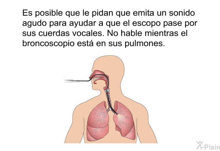 Es posible que le pidan que emita un sonido agudo para ayudar a que el escopo pase por sus cuerdas vocales. No hable mientras el broncoscopio est en sus pulmones.