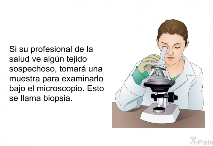 Si su profesional de la salud ve algn tejido sospechoso, tomar una muestra para examinarlo bajo el microscopio. Esto se llama biopsia.