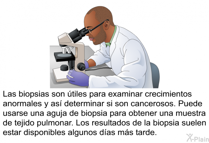 Las biopsias son tiles para examinar crecimientos anormales y as determinar si son cancerosos. Puede usarse una aguja de biopsia para obtener una muestra de tejido pulmonar. Los resultados de la biopsia suelen estar disponibles algunos das ms tarde.
