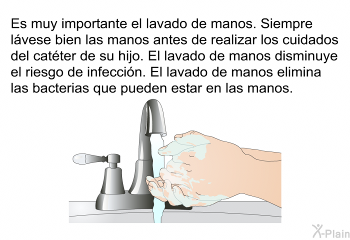 Es muy importante el lavado de manos. Siempre lvese bien las manos antes de realizar los cuidados del catter de su hijo. El lavado de manos disminuye el riesgo de infeccin. El lavado de manos elimina las bacterias que pueden estar en las manos.