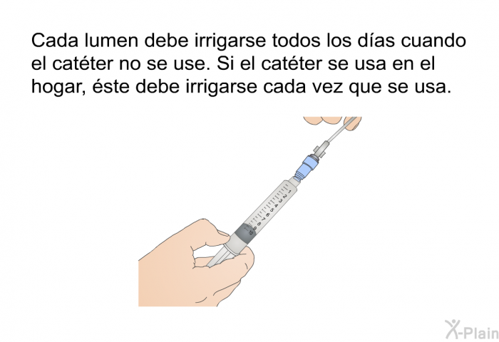 Cada lumen debe irrigarse todos los das cuando el catter no se use. Si el catter se usa en el hogar, ste debe irrigarse cada vez que se usa.