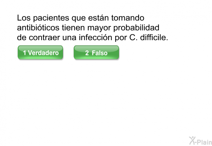 Los pacientes que estn tomando antibiticos tienen mayor probabilidad de contraer una infeccin por C. difficile.