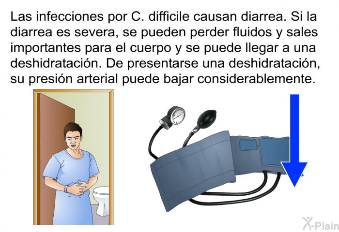 Las infecciones por C. difficile causan diarrea. Si la diarrea es severa, se pueden perder fluidos y sales importantes para el cuerpo y se puede llegar a una deshidratacin. De presentarse una deshidratacin, su presin arterial puede bajar considerablemente.