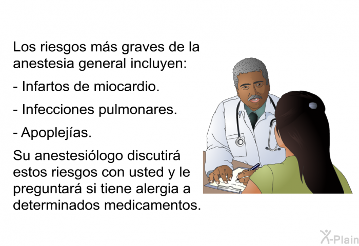 Los riesgos ms graves de la anestesia general incluyen:  Infartos de miocardio. Infecciones pulmonares. Apoplejas.  
 Su anestesilogo discutir estos riesgos con usted y le preguntar si tiene alergia a determinados medicamentos.