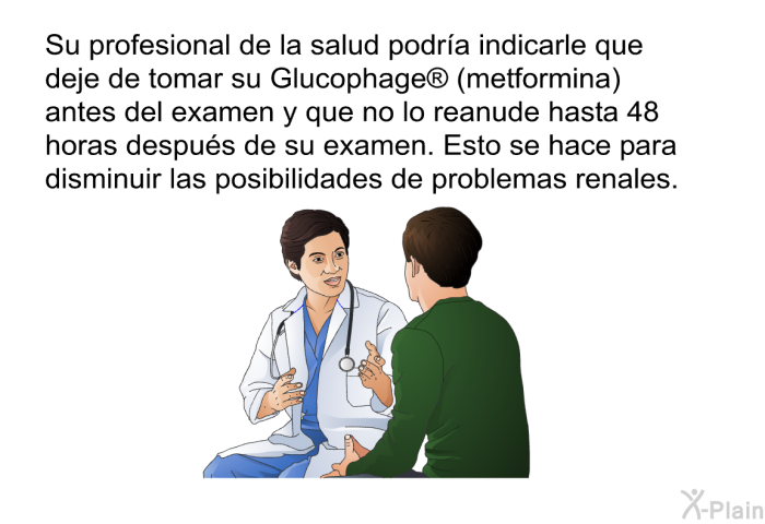 Su profesional de la salud podra indicarle que deje de tomar su Glucophage<SUP> </SUP> (metformina) antes del examen y que no lo reanude hasta 48 horas despus de su examen. Esto se hace para disminuir las posibilidades de problemas renales.
