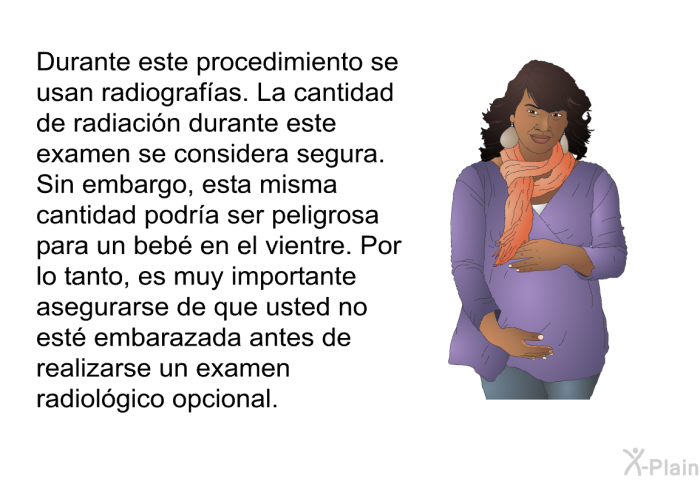 Durante este procedimiento se usan radiografas. La cantidad de radiacin durante este examen se considera segura. Sin embargo, esta misma cantidad podra ser peligrosa para un beb en el vientre. Por lo tanto, es muy importante asegurarse de que usted no est embarazada antes de realizarse un examen radiolgico opcional.