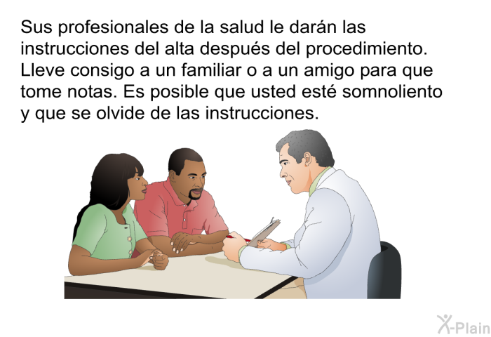 Sus profesionales de la salud le darn las instrucciones del alta despus del procedimiento. Lleve consigo a un familiar o a un amigo para que tome notas. Es posible que usted est somnoliento y que se olvide de las instrucciones.