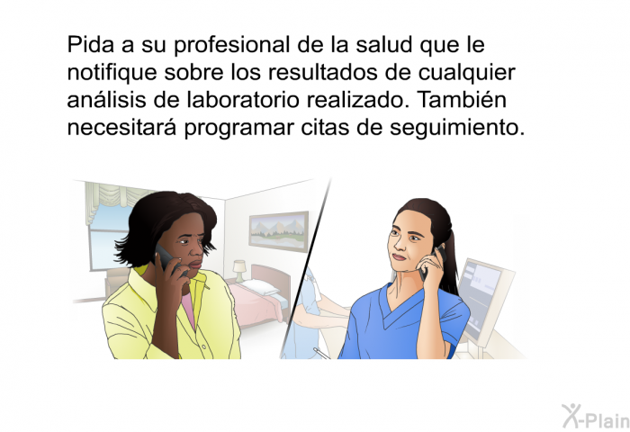 Pida a su profesional de la salud que le notifique sobre los resultados de cualquier anlisis de laboratorio realizado. Tambin necesitar programar citas de seguimiento.