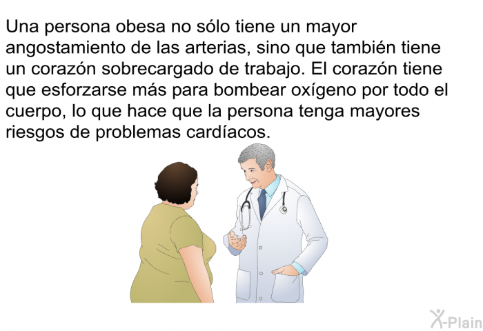 Una persona obesa no slo tiene un mayor angostamiento de las arterias, sino que tambin tiene un corazn sobrecargado de trabajo. El corazn tiene que esforzarse ms para bombear oxgeno por todo el cuerpo, lo que hace que la persona tenga mayores riesgos de problemas cardacos.