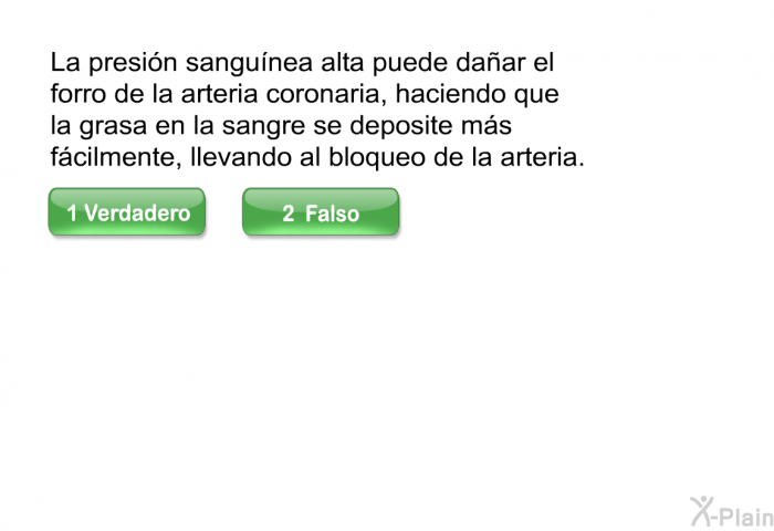 La presin sangunea alta puede daar el forro de la arteria coronaria, haciendo que la grasa en la sangre se deposite ms fcilmente, llevando al bloqueo de la arteria.