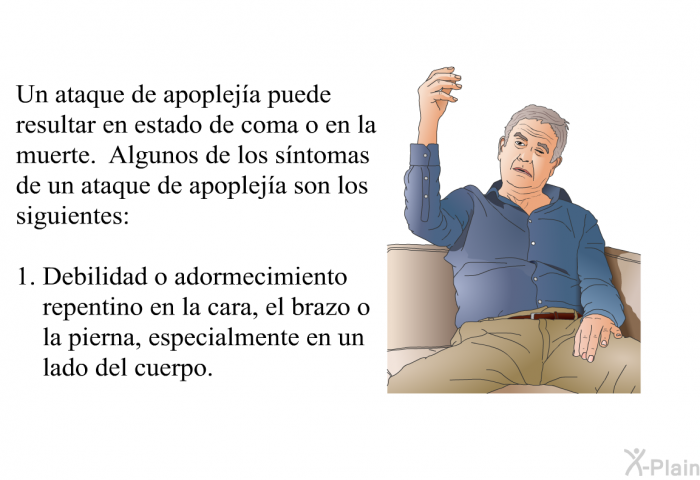 Un ataque de apoplej�a puede resultar en estado de coma o en la muerte. Algunos de los s�ntomas de un ataque de apoplej�a son los siguientes:  Debilidad o adormecimiento repentino en la cara, el brazo o la pierna, especialmente en un lado del cuerpo.