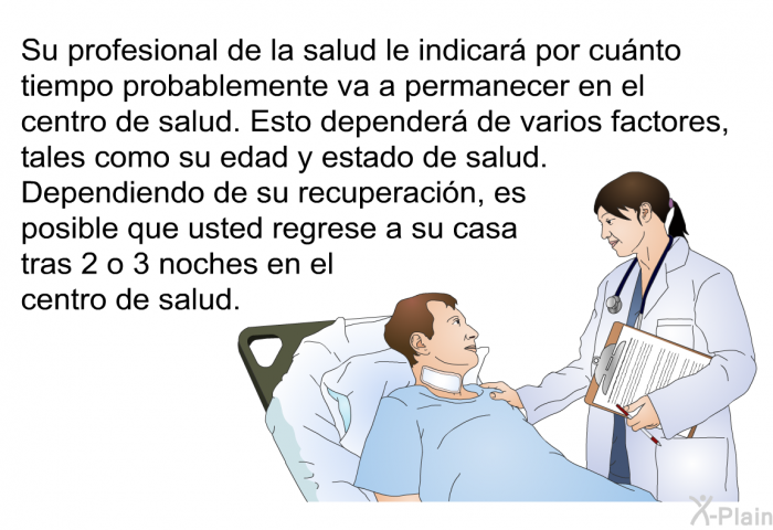 Su profesional de la salud le indicar por cunto tiempo probablemente va a permanecer en el centro de salud. Esto depender de varios factores, tales como su edad y estado de salud. Dependiendo de su recuperacin, es posible que usted regrese a su casa tras 2 o 3 noches en el centro de salud.