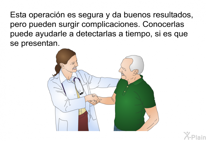Esta operacin es segura y da buenos resultados, pero pueden surgir complicaciones. Conocerlas puede ayudarle a detectarlas a tiempo, si es que se presentan.