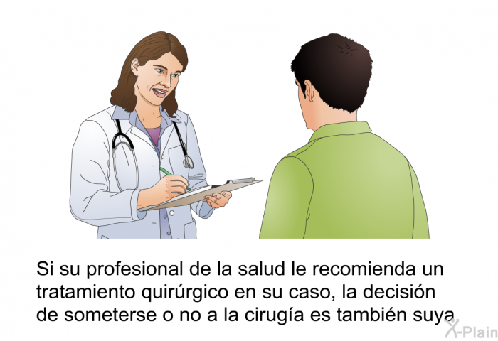 Si su profesional de la salud le recomienda un tratamiento quirrgico en su caso, la decisin de someterse o no a la ciruga es tambin suya.