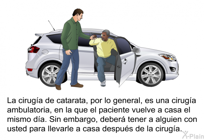 La cirug�a de catarata, por lo general, es una cirug�a ambulatoria, en la que el paciente vuelve a casa el mismo d�a. Sin embargo, deber� tener a alguien con usted para llevarle a casa despu�s de la cirug�a.