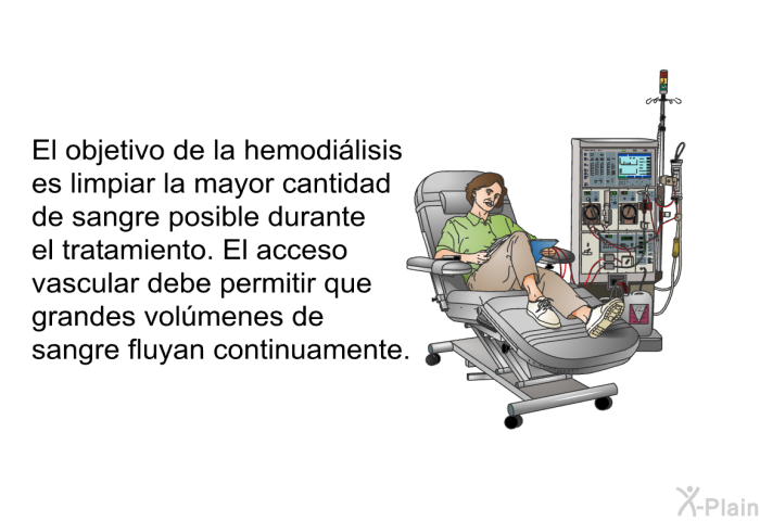 El objetivo de la hemodilisis es limpiar la mayor cantidad de sangre posible durante el tratamiento. El acceso vascular debe permitir que grandes volmenes de sangre fluyan continuamente.