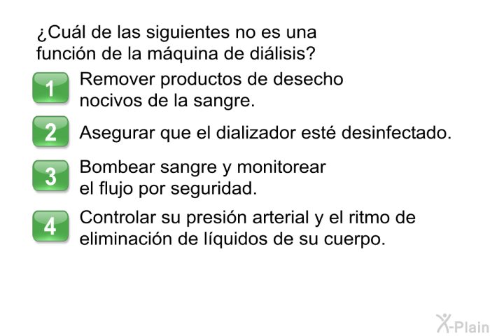 ¿Cul de las siguientes no es una funcin de la mquina de dilisis?  Remover productos de desecho nocivos de la sangre. Asegurar que el dializador est desinfectado. Bombear sangre y monitorear el flujo por seguridad. Controlar su presin arterial y el ritmo de eliminacin de lquidos de su cuerpo.