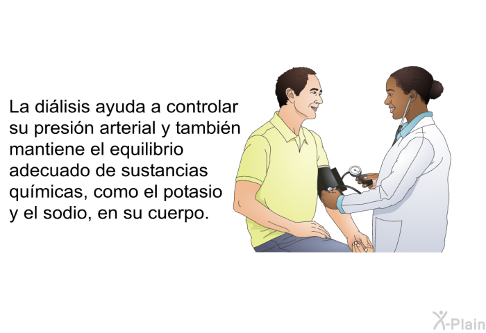 La dilisis ayuda a controlar su presin arterial y tambin mantiene el equilibrio adecuado de sustancias qumicas, como el potasio y el sodio, en su cuerpo.