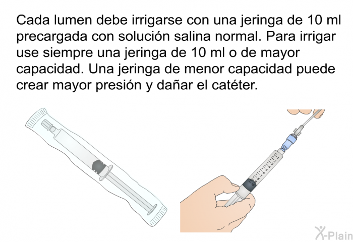 Cada lumen debe irrigarse con una jeringa de 10 ml precargada con solucin salina normal. Para irrigar use siempre una jeringa de 10 ml o de mayor capacidad. Una jeringa de menor capacidad puede crear mayor presin y daar el catter.