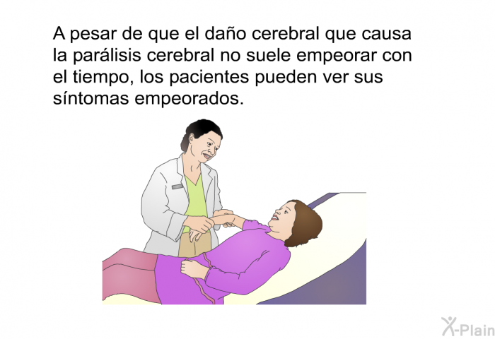 A pesar de que el dao cerebral que causa la parlisis cerebral no suele empeorar con el tiempo, los pacientes pueden ver sus sntomas empeorados.