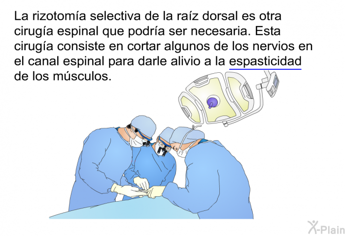 La rizotoma selectiva de la raz dorsal es otra ciruga espinal que podra ser necesaria. Esta ciruga consiste en cortar algunos de los nervios en el canal espinal para darle alivio a la espasticidad de los msculos.