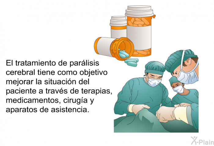 El tratamiento de parlisis cerebral tiene como objetivo mejorar la situacin del paciente a travs de terapias, medicamentos, ciruga y aparatos de asistencia.