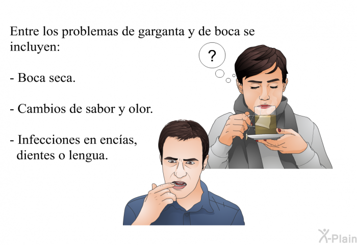 Entre los problemas de garganta y de boca se incluyen:  Boca seca. Cambios de sabor y olor. Infecciones en encas, dientes o lengua.