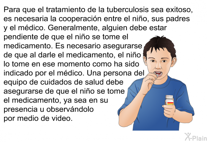 Para que el tratamiento de la tuberculosis sea exitoso, es necesaria la cooperaci�n entre el ni�o, sus padres y el m�dico. Generalmente, alguien debe estar pendiente de que el ni�o se tome el medicamento. Es necesario asegurarse de que al darle el medicamento, el ni�o lo tome en ese momento como ha sido indicado por el m�dico. Una persona del equipo de cuidados de salud debe asegurarse de que el ni�o se tome el medicamento, ya sea en su presencia u observ�ndolo por medio de video.